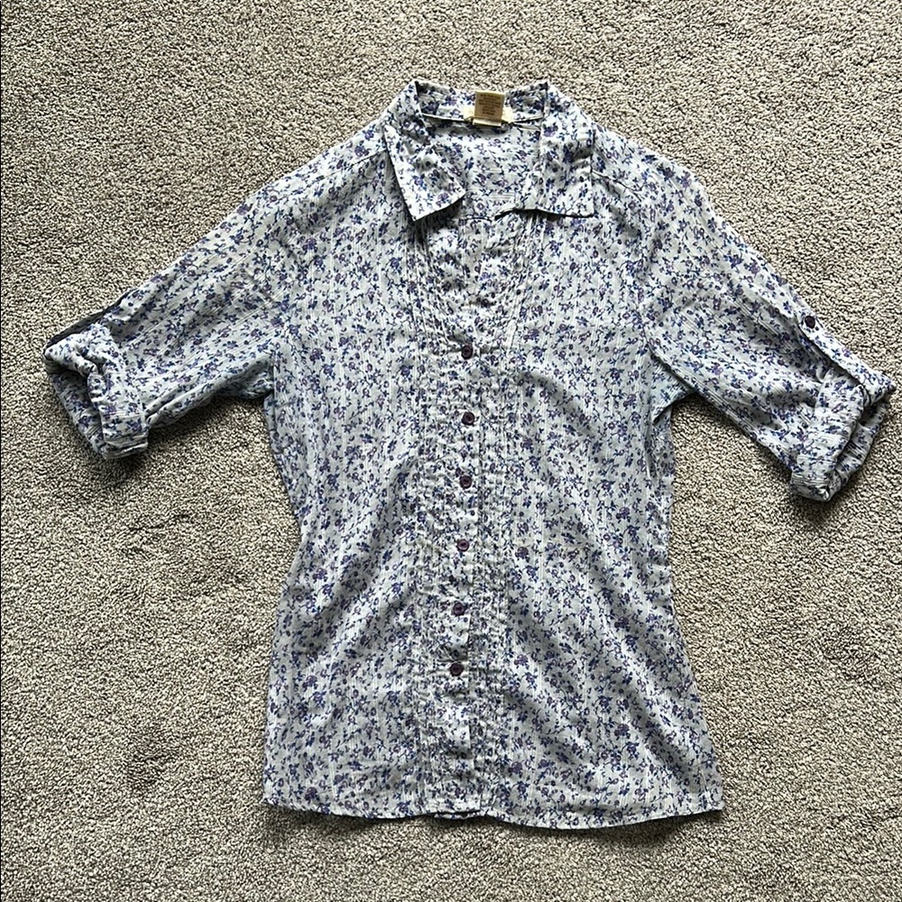 Sammy Blue Fitted Sheer Floral Button Down Shirt with Collar